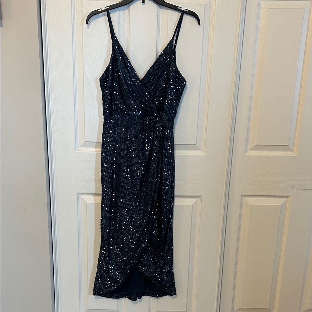 BLUE RAIN Midnight Sequin Formal Strappy Midi Dress NWT Women's Medium